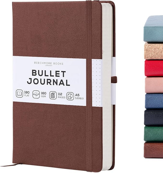 BEECHMORE BOOKS A5 Dotted Journal – 160gsm Thick Paper No-Bleed Bullet Notebook – Hardcover Dot Grid Logbook with Presentation Gift Box – Vegan Leather Sketchbook for Artists & Professionals