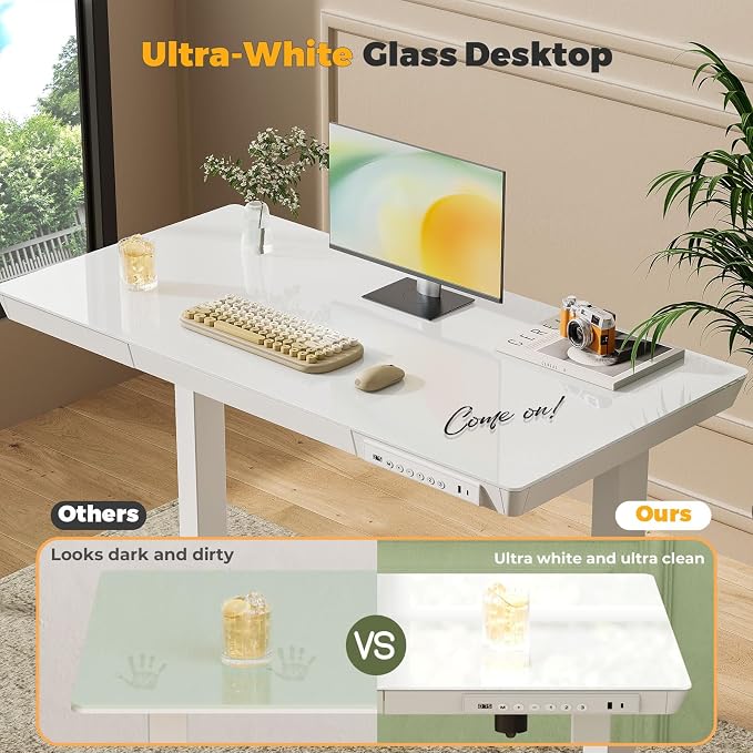Glass Electric Standing Desk with Drawer, 40" x 20" Whole Piece Samll Sit Stand Table, Height Adjustable Desk with Storage & USB Ports, Quick Install Home Office Computer Desk, White
