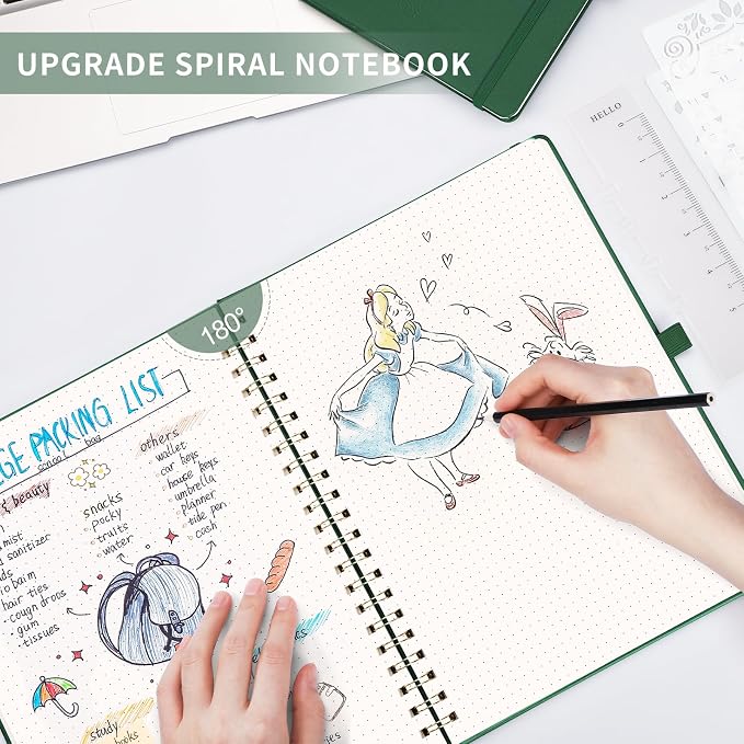 AHGXG Dotted Journal Spiral Notebook 8.5" x 11", Large A4 Leather Hardcover Dotted Notebook, 100 GSM Thick Dot Grid Paper, Inner Pocket, for Bullet Journaling, Green