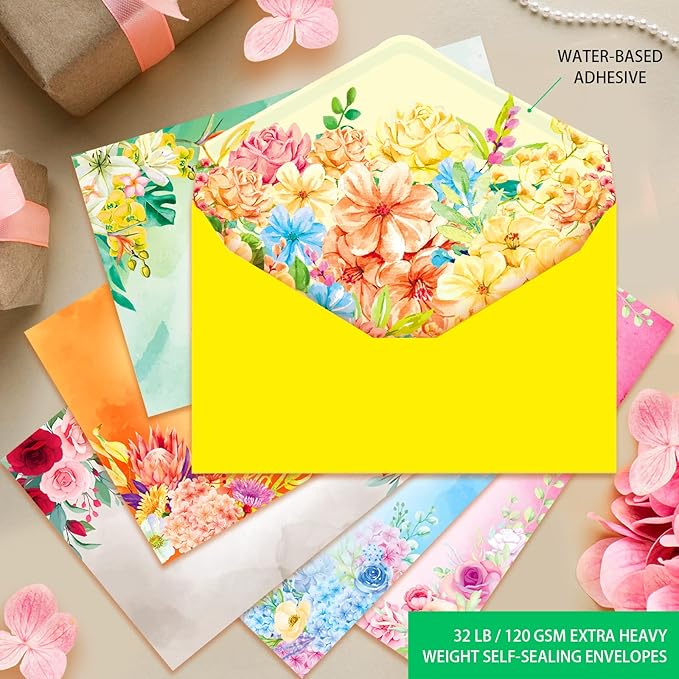 Anzon Mories 72 Pieces Cute Stationary Writing Paper and Envelope Set (2 Sides Colored, 1 Side Lined) 48 Sheets, 24 Pcs Envelopes, Flower Letter Stationery Floral Decoration (Inches, 5.5 x 7.5)