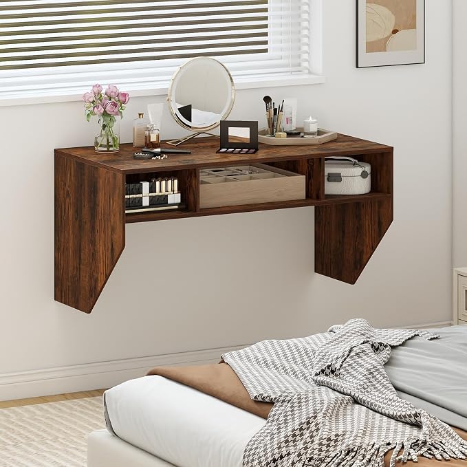 Giantex Wall-Mounted Computer Desk, Floating Laptop Desk with 3 Storage Compartments, Space-Saving Home Office Workstation Vanity Table for Bedroom, Study, Living Room (Rustic Brown)