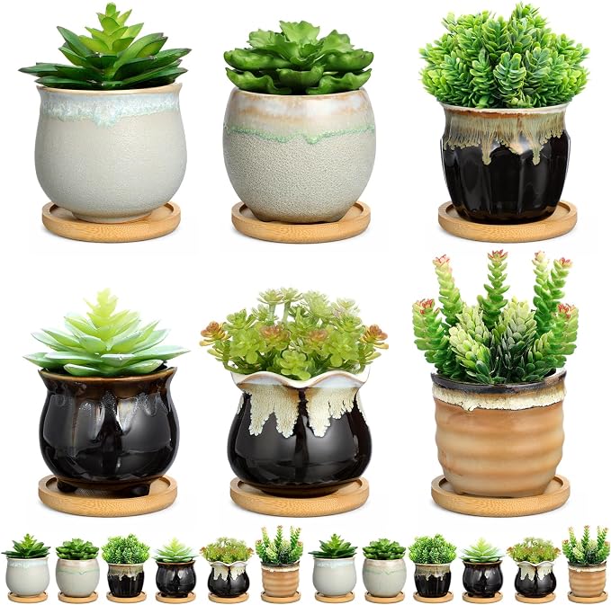 Remerry 18 Pcs Small Succulent Pots Bulk with Drainage 3.5 Inch Assorted Mini Ceramic Succulent Planters Pot with Coaster Bamboo Plant Tray Planting Pots for Home Office Garden