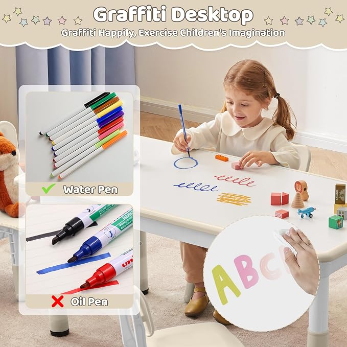 DOREROOM Adjustable Kids Table & 2 Chairs Set, 31.5" L x 23.6" W, Natural | Graffiti Desktop,Table Supports 300 lbs,Toddler Ages 2-8，FSC-certified, Children Activity Table for Daycare, Classroom, Home