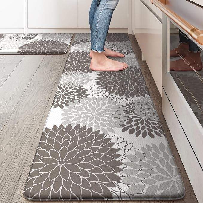 KIMODE Anti Fatigue Kitchen Mats for Floor Cushioned Kitchen Rugs Sets of 2 | 17"x59"+17"x29",Floral,Grey,Non-slip,Waterproof,Kitchen Runner Rug,Comfort Foam Paded Mat for Floors Office Laundry Sink