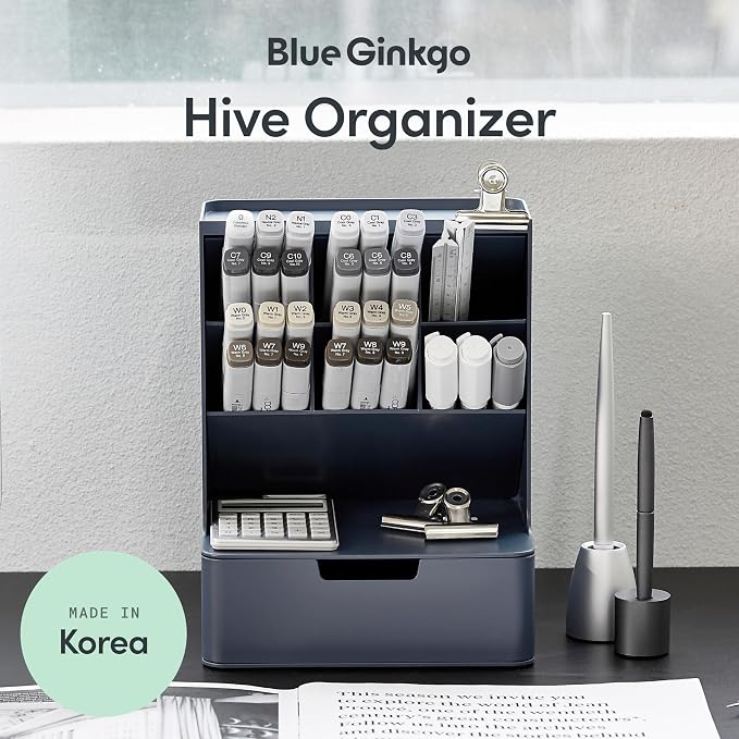 BLUE GINKGO Hive Pen Desk Organizer, Blue, Made in Korea | 6 Compartments. Full Drawer. Everyday Storage.