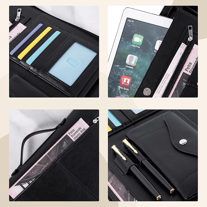 Calfinder Portfolio Binder, Portfolio with Handle and Zipper, Leather Portfolio for Men Women,Portfolio Organizer with Business Card Holder for A4 Letter Size Notepad,Gift for Father's Day