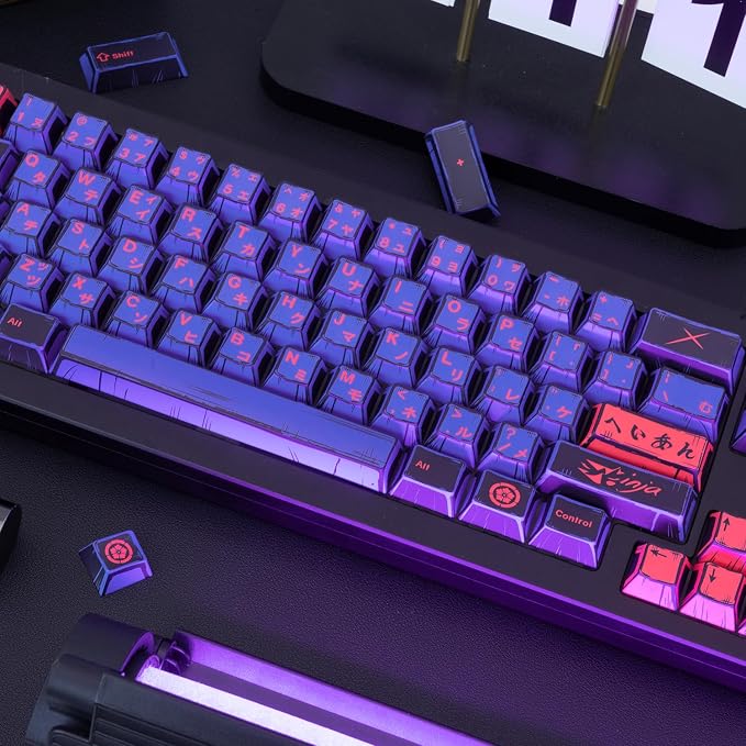 Purple Japanese PBT Custom Keycaps, 130 Keys Black Purple Manga Key Caps, Cherry Profile Dye Sublimation Keyboard Keycap Set for Cherry MX Gateron Kailh Switches Mechanical Keyboard