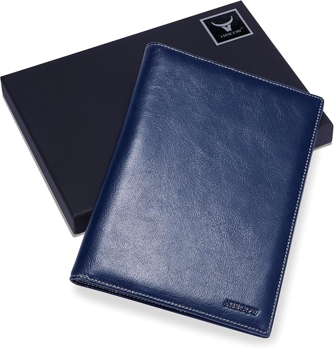 HISCOW Slim Leather Junior Padfolio, 5x8 Notepad Cover, Antiqued Blue | Full-grain buffalo leather, top-loading legal pad holder, rigid pen loop, quick-access card slot, zipperless boardroom design