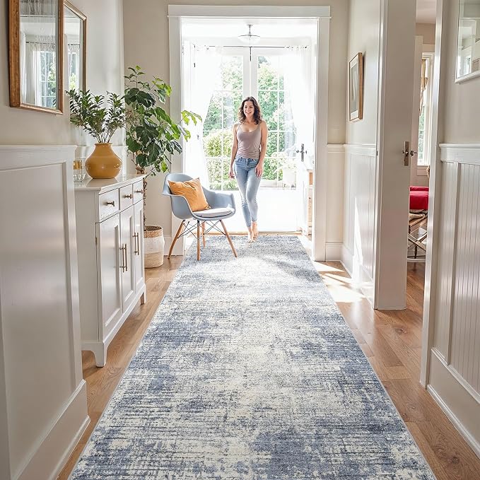 4x10 Hallway Washable Runner Rug - Non-Slip Kitchen Rugs with Rubber Backing Abstract Neutral Low-Pile Carpet Runners for Laundry Room Home Decor Bedroom Bathroom Entryway (Blue Gray,4x10)