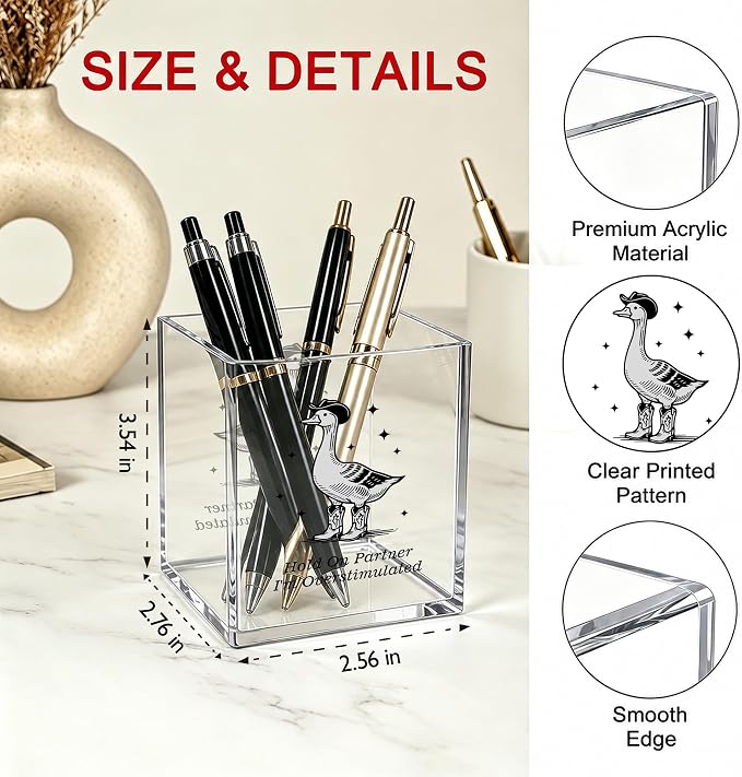 Funny Cowboy Goose Office Acrylic Cosmetic Pen Pencil Holder Cup, Hold On Partner Im Overstimulated Pencil Organizer, Humor Unique Desk Accessories, Sarcastic Gifts for Women Men（A51）