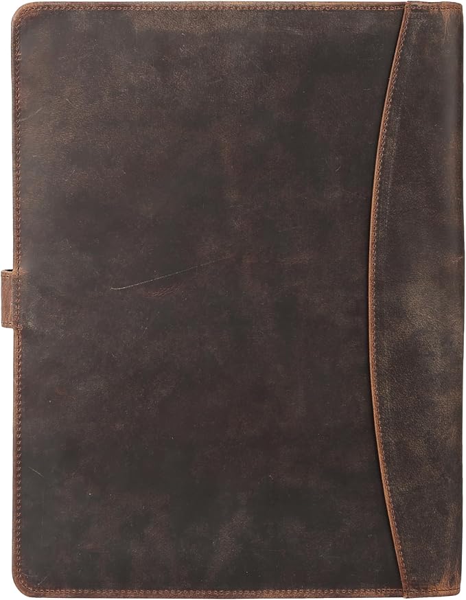 KomalC Leather Portfolio Folder with Luxury Pen and Button Closure | Business Padfolio for Professionals | Vintage Organizer with Legal Pad Holder & Card Slots (Distressed Tan)