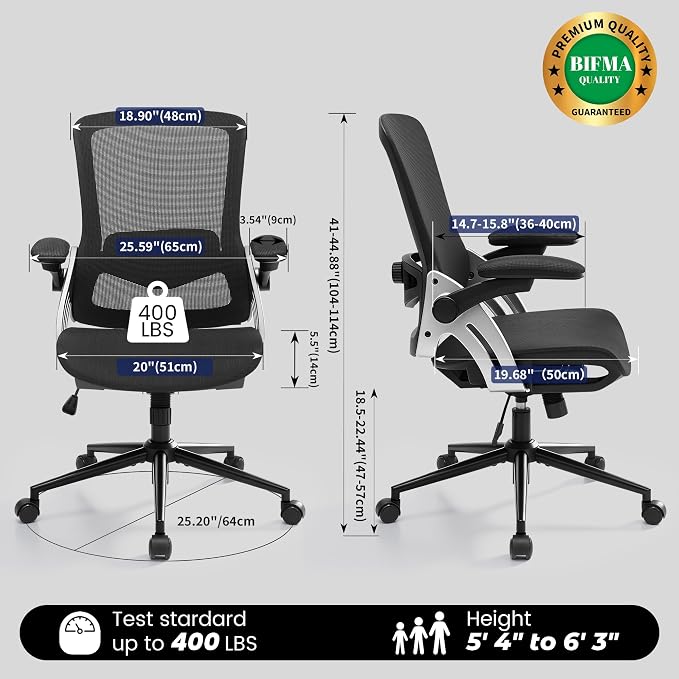 Fizzin Ergonomic Office Chair Mesh Computer Desk Chairs with 3D Armrests | Office Chair with Adjustable Lumbar Support, 90°-125° Tilt, Wide Mesh Seat Swivel Task Chair for Home Office