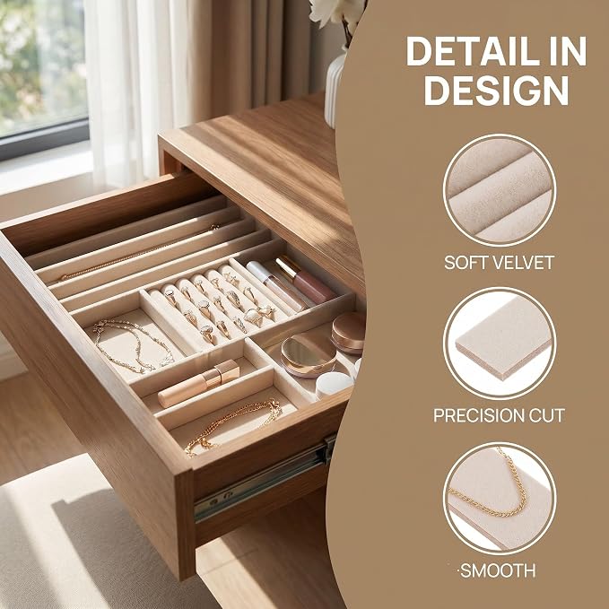 Dzirge 8Pack Cut-to-Size Jewelry Drawer Organizer Inserts - 12 Inch Beige Velvet Drawer Dividers for Jewelry Box - DIY Adjustable Tray Partition Liner for Rings Earrings Home Boutique Display