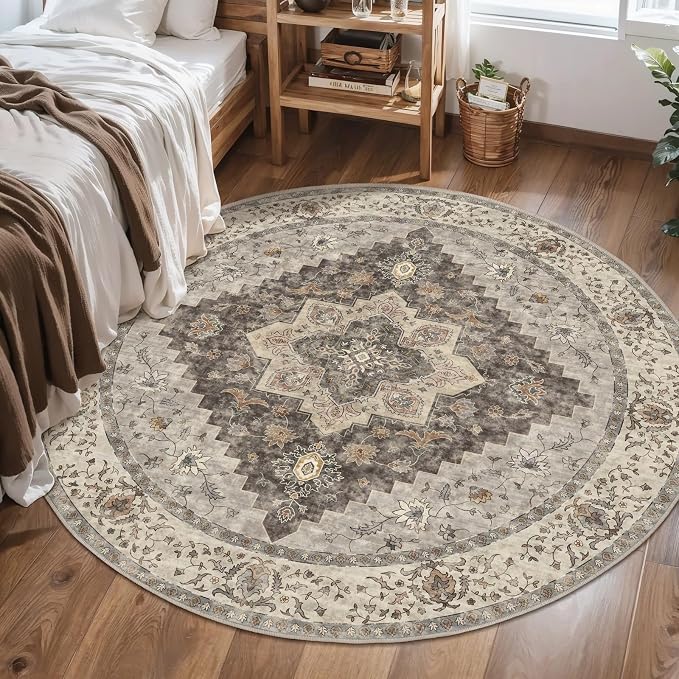 Tangsoo Vintage Round Rug 4ft Washable Circle Rug, Non Slip Small Farmhouse Round Rug, Boho Low Pile Circular Rugs, Round Carpet for Office Bedroom, Entryway, Nursery, Dorm, Kitchen, Grey/Multi