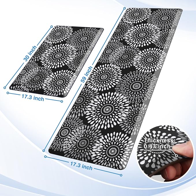 LuxStep Kitchen Mats for Floor,0.47 inch Thicker Cushioned Rug Anti-Fatigue Mats for Kitchen Decor Accessories,Waterproof Non-Slip Mats and Rugs Set for Office,Laundry 17.3"×29"+17.3"×60",Black