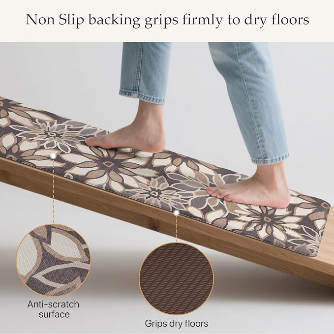 GENIMO Anti Fatigue Kitchen Mats for Floor 2PCS, Cushioned Standing Mats | 17.3"x59"&17.3"x30", Deep Brown vintage floral rug set, waterproof, non slip, easy-clean for farmhouse