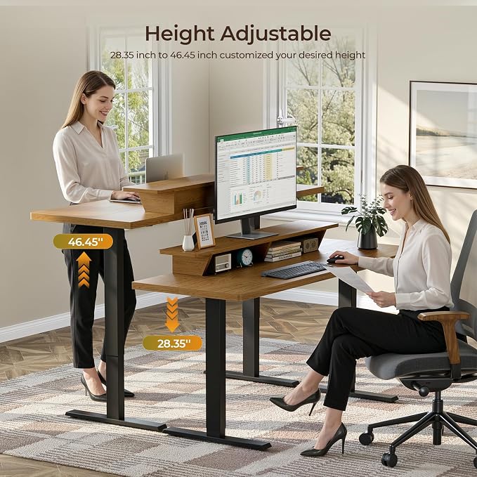 55 x 24 Inches Electric Standing Up Desk with Monitor Shelves,Height Adjustable Computer Desk from 28-46''with Memory Controller,Modern Home Office Desk for Work,Study,Oak Brown