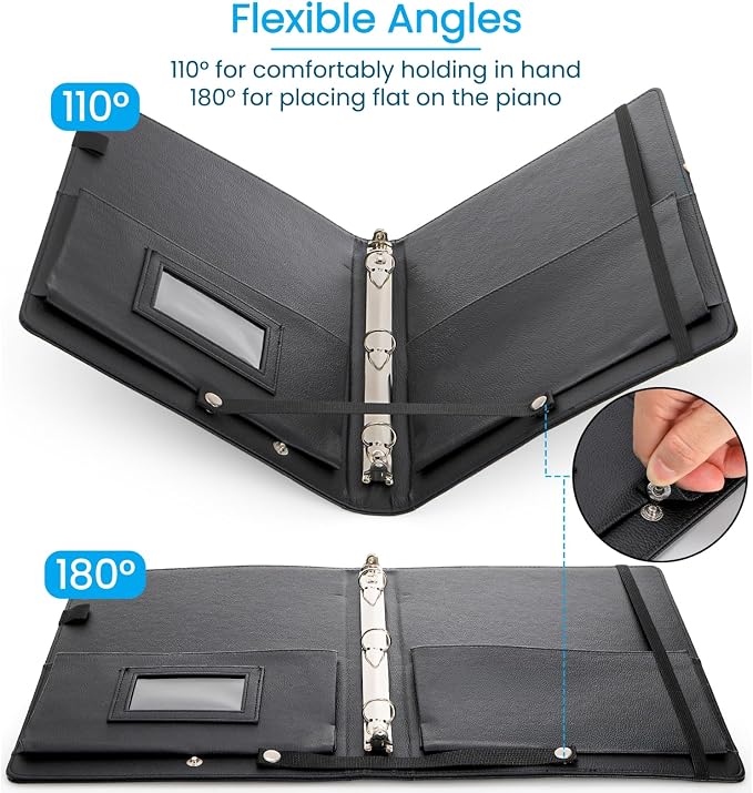 Sheet Music Folder, 3 Ring Choir Music Holder with Adjustable Handle Strap, 13'' x 10'' PU Leather Black Piano Sheet Binder Organizer for 8.5'' x 11'' Letter Size, A4 Paper (Pages Not Included)