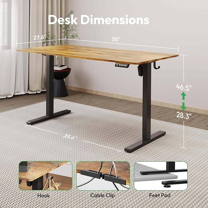 Large Electric Standing Desk,55x28 Inches Adjustable Height Stand up Desk, Sit Stand Home Office Desk, 3 Preset Heights,Equipped with Hooks,Ergonomic Computer Desk Workstation，Brown