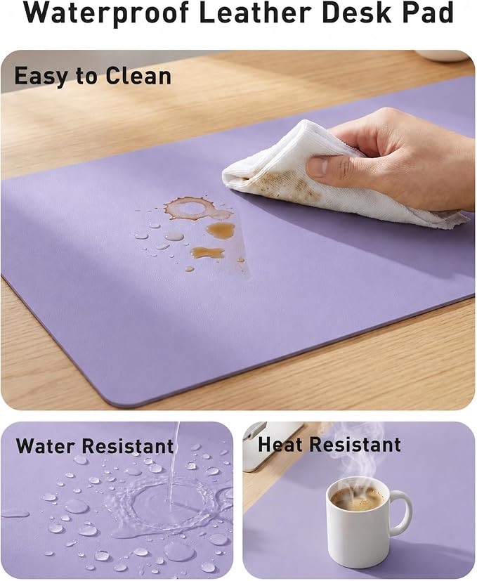 Aothia Faux Leather Desk Mat – Large Desk Pad & Mouse Pad, Smooth Writing Surface, Waterproof Desk Protector, Suede Back, Office & Home (Light Purple, 42" x 17")