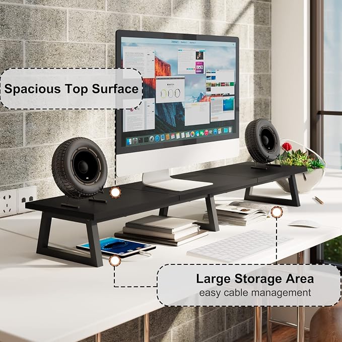 TEAMIX 42 inch Large Dual Monitor Riser, Desk Organizer Stand for TV Laptop | Extra Long Computer Stand Shelf, Wood & Steel TV Riser, Holds 300lbs, Keyboard & PS5 Storage Below, For Home Office & Gaming