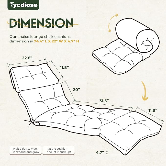 Outdoor Chaise Lounge Chair Cushion Waterproof 74.4 x 22 x 4.7 Inches Memory Foam Lounge Chair Cushions Replacement for Outdoor Furniture with Ties, Thickened Pool Lounge Chair Cushion, Green