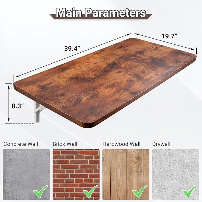 Neoaider Wall Mounted Folding Table 39.4”L x 19.7”W, Laundry Folding Table with Heavy Duty Metal Collapsible Shelf Brackets, Wall Mounted Desk Fold Down for Small Spaces, Brown