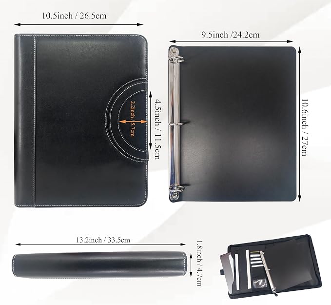 GraduatePro Zippered Portfolio Binder with Handles，Professional Faux Leather Padfolio with 3 Ring Binder (Removable), Storage Pouch for Tablet, Travel Documents for Men and Women.