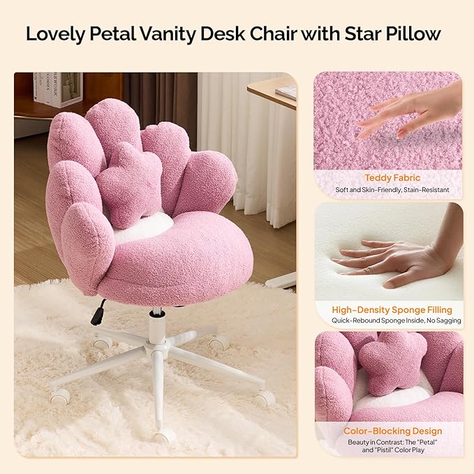 VINGLI Cute Petal Vanity Desk Chair with Star Pillow, Armless Swivel Chair in Vibrant Color-Blocking, Height Adjustable Modern Computer Task Chair for Bedroom & Home Office, Teddy Fleece,Purple