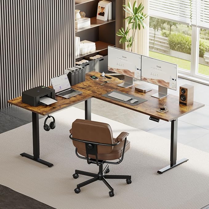 Agilestic Electric L Shaped Standing Desk 63 x 48 Inch with Power Outlet, Height Adjustable Corner Stand up Desk with Cable Management,Sit Stand Home Office Workstation with Splice Board, Rustic Brown