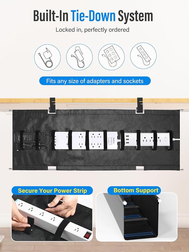 [Upgraded] Large Under Desk Cable Management Tray, Cinati Cable Management Under Desk No Drill, 42" Fabric Cord Hider for Wire Organizer, Cord Organizer for Office, Home - Supports Up to 30lbs Black