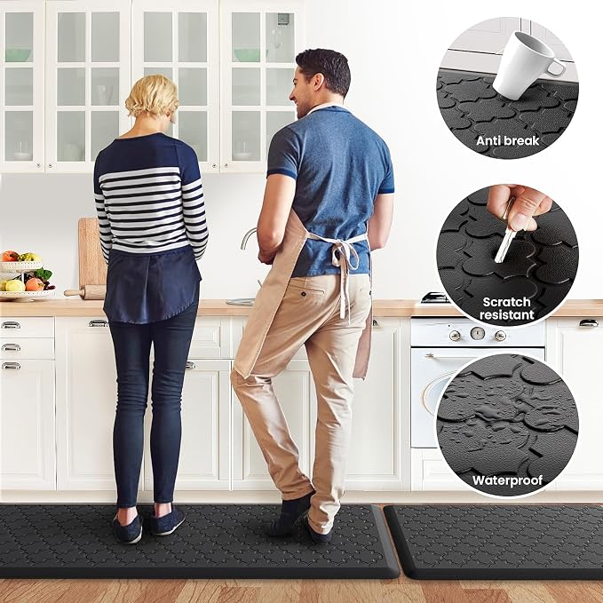 Kitchen Mat [2 PCS] Cushioned Anti-Fatigue Floor Mat Water Resistant Non-Skid Kitchen Mats and Rugs Ergonomic Comfort Foam Kitchen Rugs Standing Mat for Floor Office Sink (Black,20"x30"+20"x47")