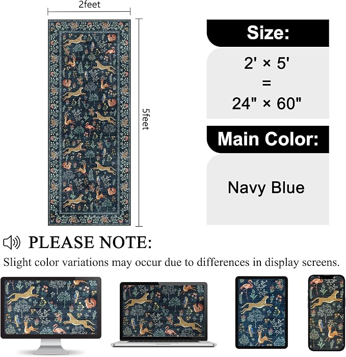 DUKINO 2x5 Rug for Hallway, Washable Kitchen Runner Rug with Non Slip Backing, Soft Low Pile Vintage Animal Runner for Bedroom, Kitchen, Hallway, Entryway, Laundry, Navy Blue