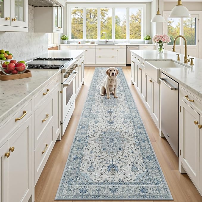 RELEANY Area Rugs Runner 3'x12' Washable Non-Slip, Floral Vintage Distress Medallion Carpet for Kitchen Hallway Bedroom Beside Laundry Room Bathroom, Light Blue Navy Gray White