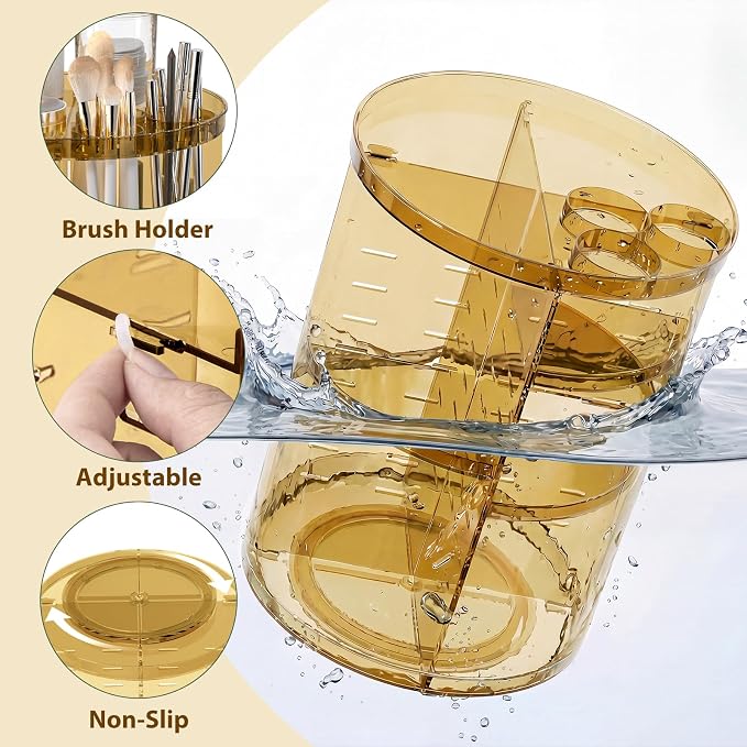 Rotating Makeup Organizer, DIY 8 Adjustable Layers Spinning Skincare Storage, Cosmetic Display Case with Brush Holder and Perfume Tray, Multi-Function Vanity Bathroom Countertop Organizer Clear Gold