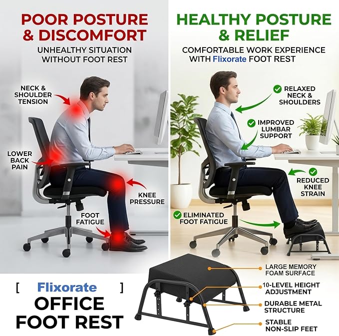 10-Level Adjustable Under Desk Footrest, XL Black Metal Frame | Ergonomic under desk leg rest or desk foot rest. Home computer heavy duty office chair foot stool for gamers,work(Black Plus)