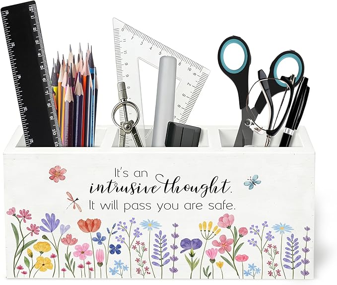 Floral Mental Health Wooden Pen Holder for Desk, Mindfulness Positive Reminder Psychology Wildflower Pencil Organizer Wooden Box Sign for Therapy Counselor Office Girls Room Decoration