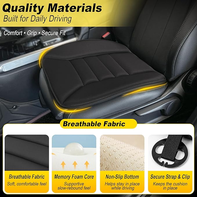 kingphenix 3-Piece Memory Foam Car Seat Cushion Set for Driving Comfort | 2 Front Seat Cushions and 1 Rear Bench Pad, 1.2-Inch Memory Foam, Non-Slip Bottom for Sedan, SUV, Truck and Van, Black