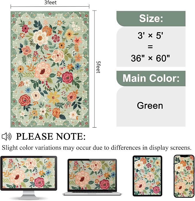 DUKINO 3x5 Area Rug, Floral Rugs for Living Room, Lightweight Non Slip Washable Rug, Indoor Low Pile & Non-Shedding Boho Design Rugs for Bedroom, Living Room, Dining Room, Green