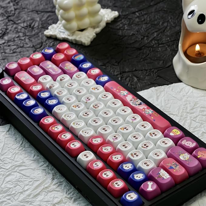 Cute Ghost Keycaps,MOA Profile Side Printed Custom Keycaps Halloween-Themed Key Caps PBT Dye-Sublimation 133 Keys Full Size Keycap Set for Cherry MX Switches Mechanical Gaming Keyboard