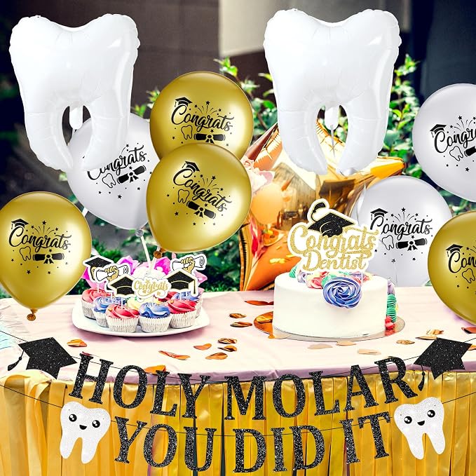 Colingmill 30 Pcs Dentist Party Decor Congrats RDH Dental Kit with Pull Flags Cake Sticks Tooth Balloon White Ribbon for Dentist Supplies Back to School Party Favor
