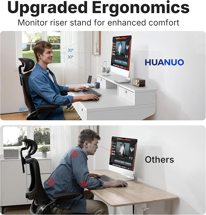 HUANUO 40 X 24 inch Electric Standing Desk with 4 Drawers, Adjustable Height Sit Stand Home Office Desk, C-Clamp Mount Compatible, Ergonomic Stand up Desk with 4 Preset Heights, White