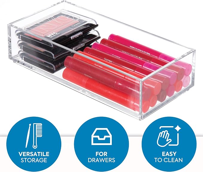 iDesign Clarity Plastic Drawer Organizer for Vanity, Countertop, Bathroom, Kitchen and Cabinet Storage, 8" x 4" x 2", Clear | Vanity Organizer, Desk Drawer Organizer