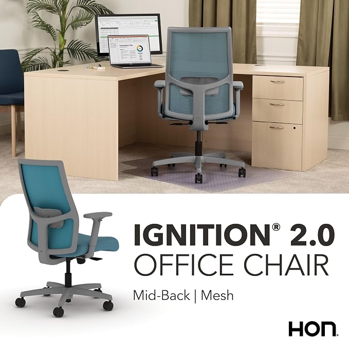 HON Ignition 2.0 Mid‑Back Ergonomic Office Chair, Mesh Task Desk Chair with Lumbar Support, Standard Synchro‑Tilt, Height and Width Adjustable Arms, Titanium Frame, Sky