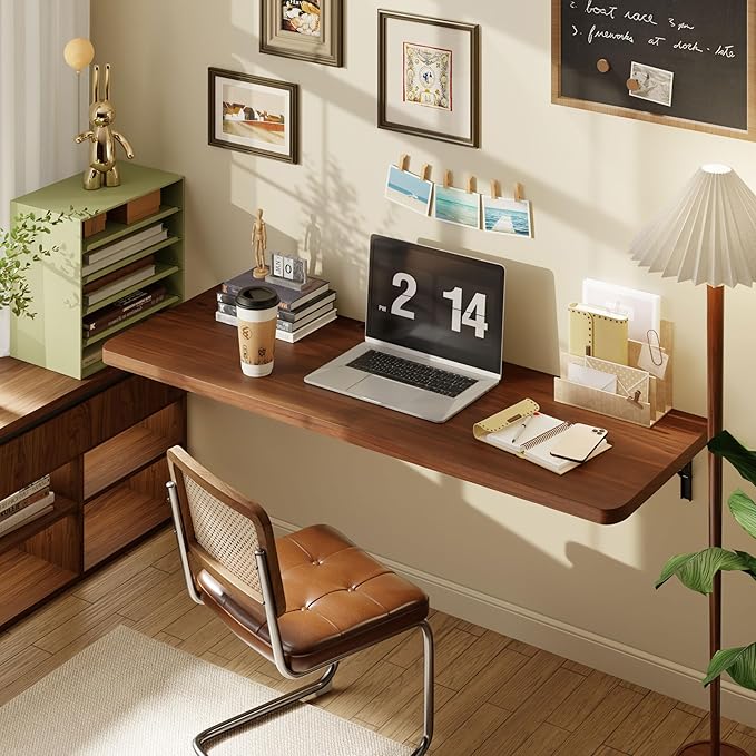 Dogsky Floating Wall Desk, 48" x 16" Wall Mounted Folding Table, Pine Wood Fold Down Wall Table, 300 lb Capacity Wall Mount Desk for Small Apartment, Laundry Room,Kitchen,Bar & Computer Use, Walnut