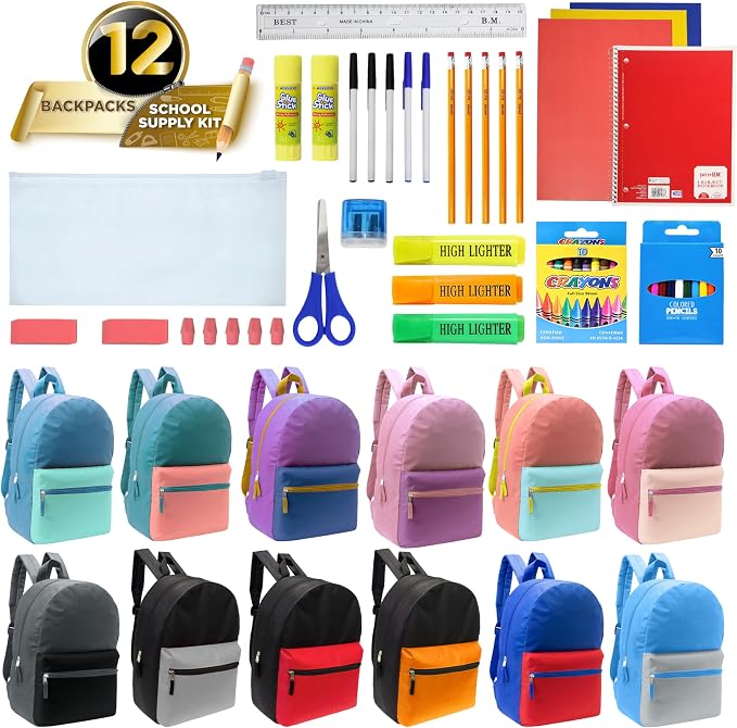 Moda West 17 Inch Bulk Backpacks with 50 Piece School Supply Kit - Case of 12 Wholesale Backpacks in Assorted Colors 6 Boy 6 Girl