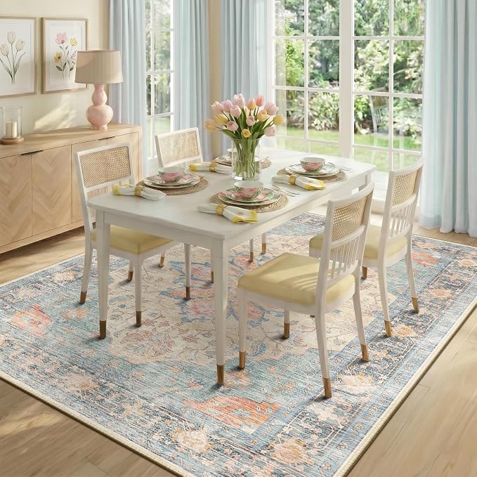 RELEANY Area Rugs 5'x7' Washable Non-Slip, Floral Vintage Distress Medallion Carpet for Living Room Bedroom Dining Room, Blue Orange Red