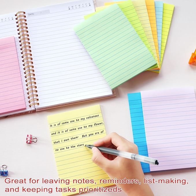 9 Pack Lined Sticky Notes 4X6 in Post, 9 Pastel Colors Large Ruled Post Sticky Colorful Super Sticking Power Memo Pads Strong Adhesive, Sticky Notes with Lines Office, Home, 35 Sheets/pad
