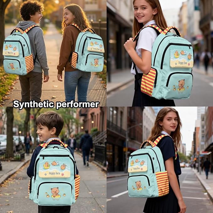 WELLFLYHOM Capybara 17 Inch School Backpack Set for Girls 8-12 Beach 4 in 1 Book Bag with Lunch Box Pencil Pen Case Water Bottle Sleeve for Junior High School Students