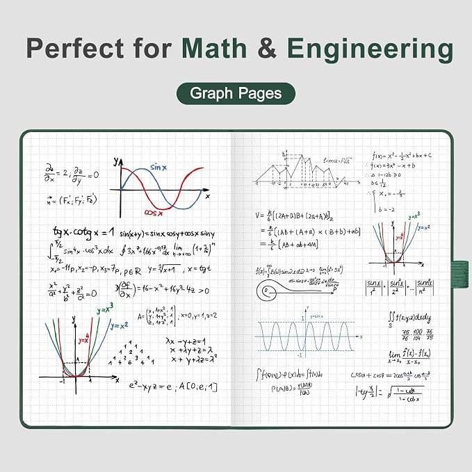 AHGXG Graph Grid Paper Notebook, 160 Pages, A5 Medium Size (5.7'' x 8.3''), 120 GSM Thick Paper, Leather Hardcover, for School, Students, Math, Engineering (Dark Green)